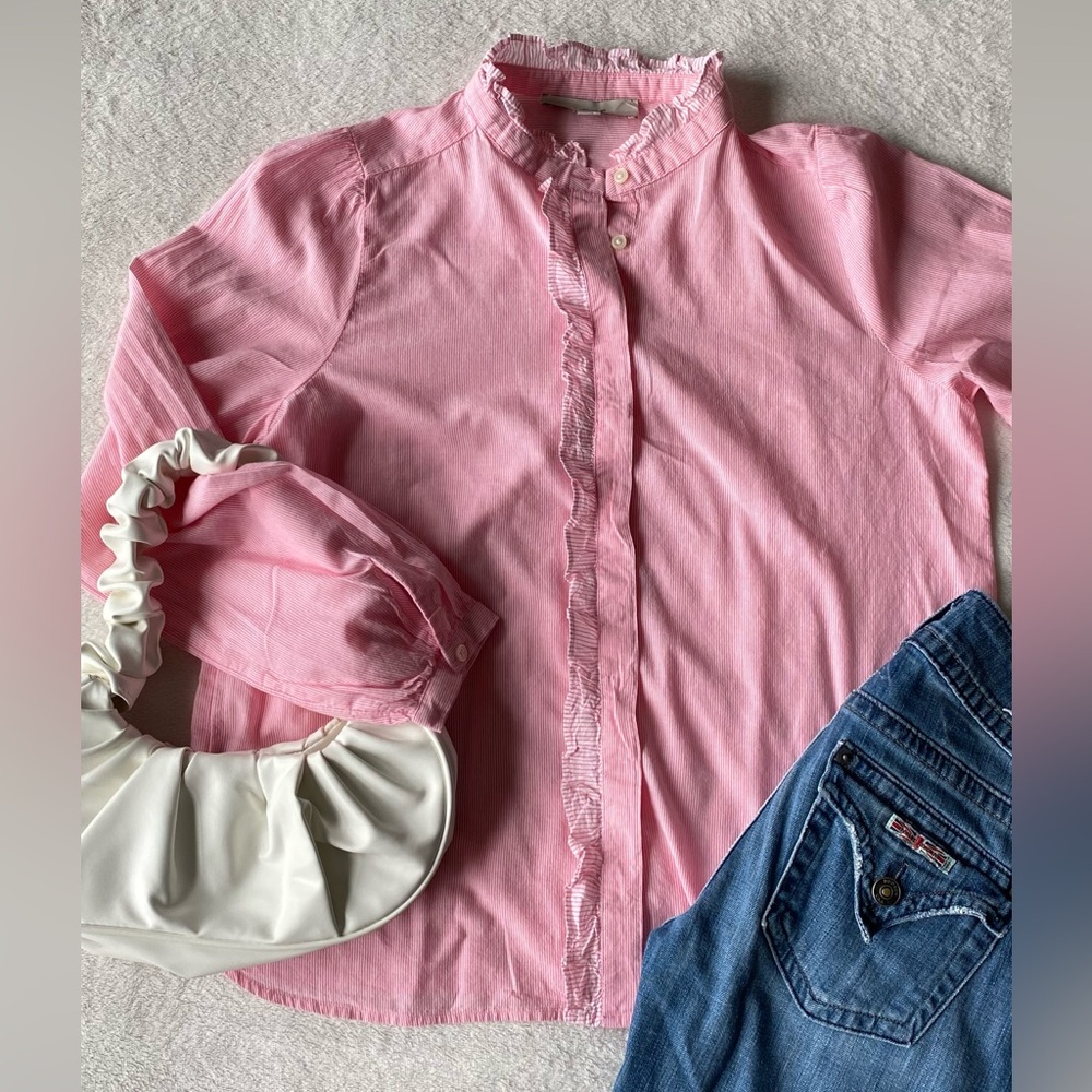 👚 Loft pink and white striped ruffle blouse shirt top XS - Picture 7 of 12